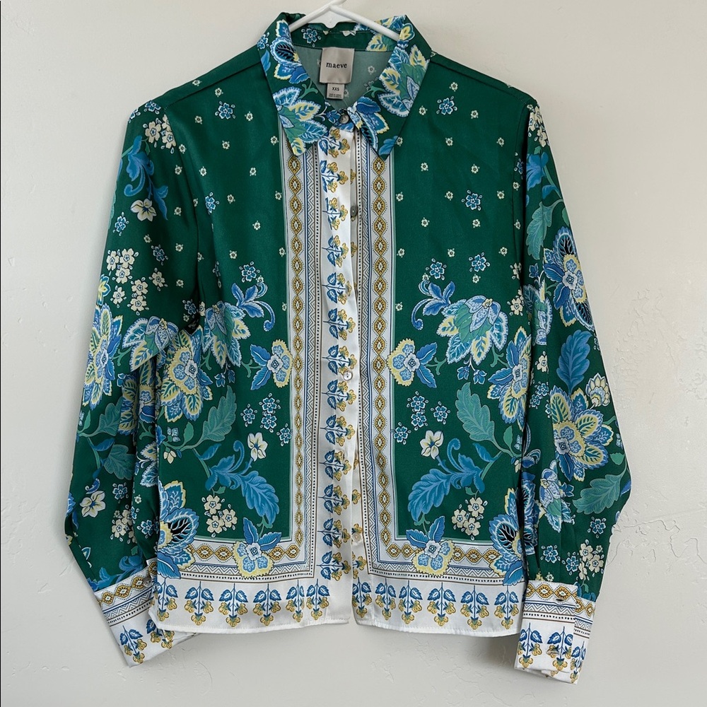 Anthropology Maeve Green and Blue Floral Shirt